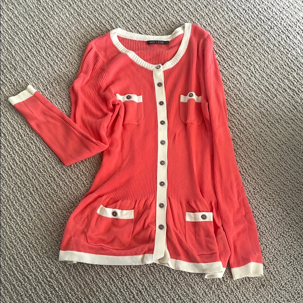 Coral Nic+Zoe Cardigan with Cream Trim